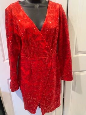 VENUS Red Sequin Embellished Wrap Long Sleeve Dress